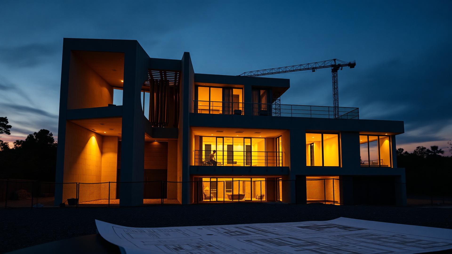 Obra residencial sofisticada ao entardecer